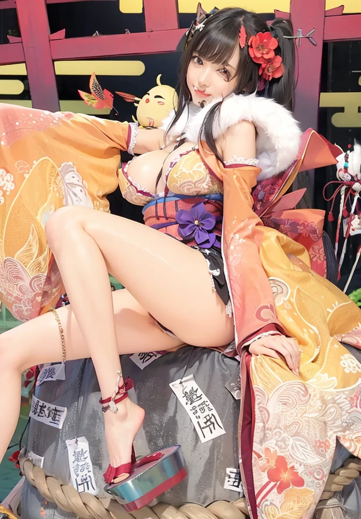 (high resolution:1.5), (masterpiece:1.5), full body, very detailed, best quality, 8k, ((1 girl)), (Cute Japanese woman), cute 24 year old beauty, slim body, (medium breasts:1.5), detailed face, Beautiful and elegant face, cute face, (Round face:1.4), thin lips, natural bangs, arched eyebrows, well-groomed eyebrows, (big eyes with a good balance between the left and right sides), cute eyes, beautiful eyes, beautiful thin nose, beautiful face line, (beautiful skin), medium Hair, Brunette hair, black hair, (natural bangs), slim face, slim figure, (looking at the camera with a Gentle smile), beautiful legs, smooth skin skin, slim and beautiful thighs, ((Wearing a kimono)), fair skin, Beautiful breasts, (Slender and slim body:1.5), (Slim waist:1.5), (slim hips:1.5), ((slim Butt:1.5)), I-type Valley, cleavage, , (sexy kimono:1.5), (Natural Light:0.8), (lighting forward:0.8), (lighting front:0.8), (Flat lighting:0.8), Gentle smile, Detailed fingers, beautiful hands, bangs,