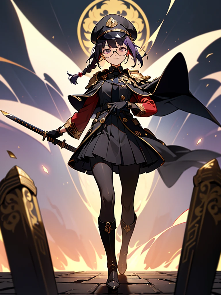 realisitic, City Deserted, Pile of rubble, Brick building, a one woman (18 years old, far away blackw hair, far away slits, Eyes red, glare eyes, 精致的面容, standing (In floor, feet shoulder-width apart), Lolita style military uniform (blackw base, Red Insert, golden decoration, volantes, wide sleeves, dainty and delicate detailing armors), blackw far away gloves (blackw, Red Insert, golden decoration, small hands, armors), blackw far away gloves, knee high boots (blackw, high-heels, red soles), ha (blackw, aba dourada, shield emblem, delicate details), arms in front, Front of belly, Holding military swords with both hands (blackw, golden decoration, delicate detail, Handle at the top, Ground-facing blade, in front of the body, far away), night sky (blackw, stele, Increased flames and smoke) Pale painting style, One Girl, super high quality, Super Detail, Super Detailed image, long hair, looking at viewer, skirt, shirt, hair ornament, violet eyes, gloves, round glasses, long sleeves, hat, closed mouth, jacket, violet hair, braid, open clothes, necktie, black gloves, black skirt, uniform, single braid, open jacket, black jacket, black headwear, 手链, peaked cap, black necktie, cropped jacket, military hat, pantyhose, Flat Chest, smile, Black Cape