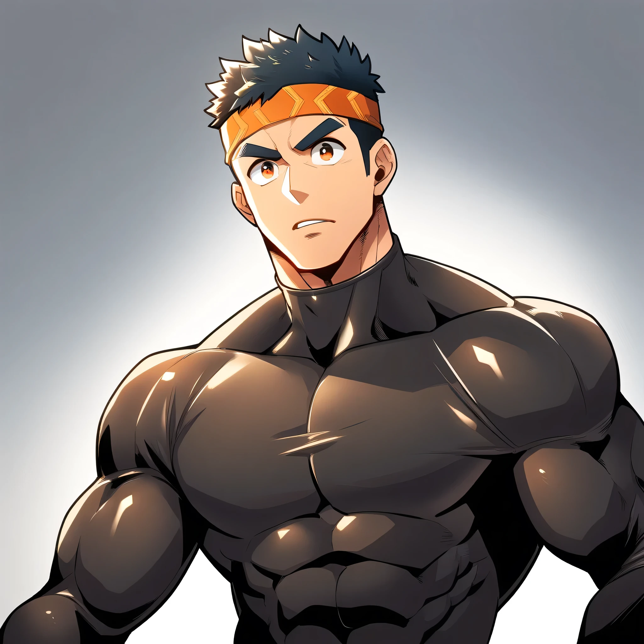 anime characters：Gyee, Muscle Sports Student, Manliness, sports headband, male focus, Cute boy with big eyes, Mike WHite high collar long sleeve tight T-shirt, Slightly transparent material, Very tight, Round, full and perky chest muscles, Slightly transparent, muscular male, muscular, only, Upper body, alone, Black short hair, Thick eyebrows, stubble, Cute little eyes, Brown-red pupils, Grey background, simple background, amazing quality, best aesthetics, Ridiculous, crew cut, parted lips, v-shaped eyebrows, jitome, best quality