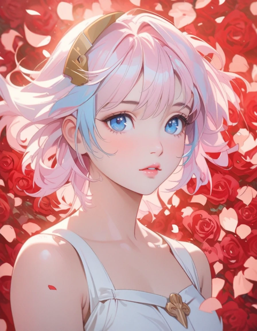 Anime girl with pink hair and blue eyes surrounded by rose petals, Portrait of a girl in the Knights of the Zodiac, Stunning Anime Face Portraits, Detailed digital anime art, Gwaiz, Beautiful anime portraits, Inspired by Yanjun Chen, 8k high quality detailed art, artwork in the style of Gwaiz, Smooth anime CG art, Yanjun Chent, Cute realistic portrait