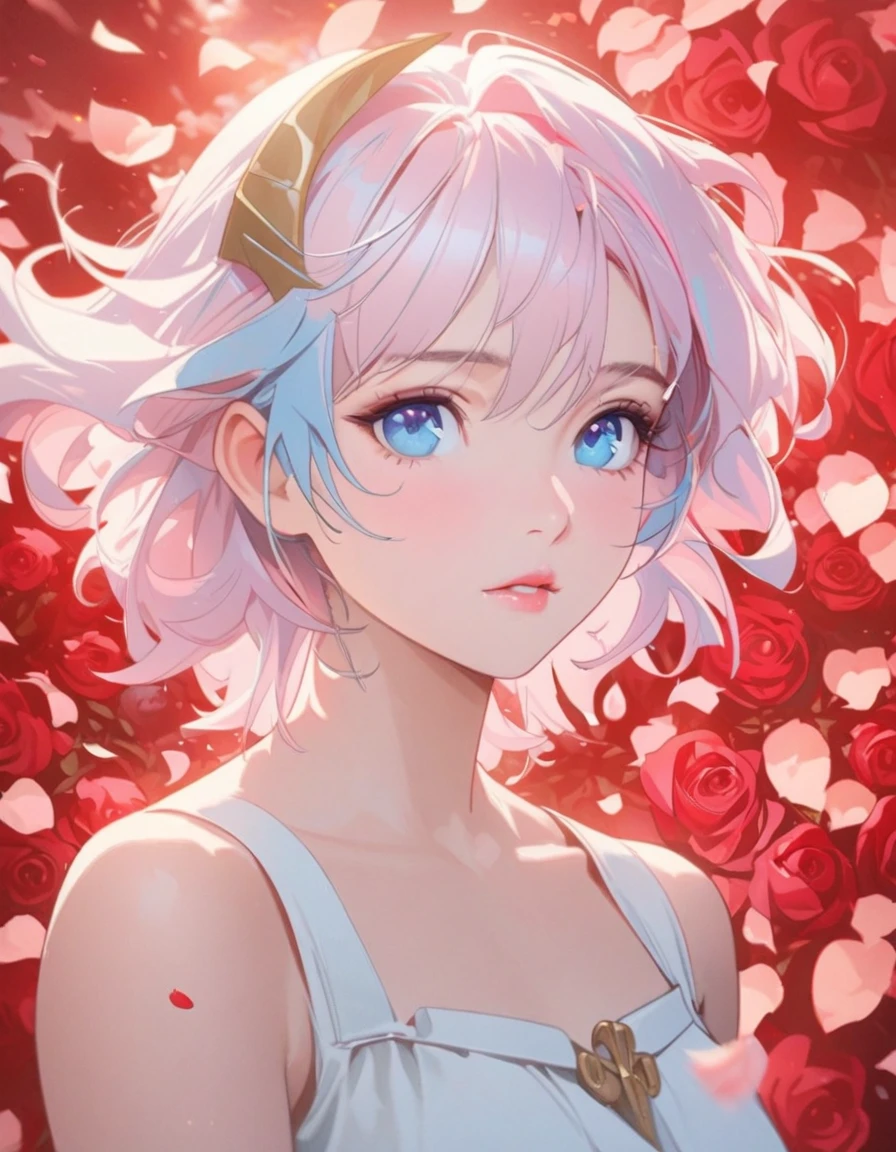 Anime girl with pink hair and blue eyes surrounded by rose petals, Portrait of a girl in the Knights of the Zodiac, Stunning Anime Face Portraits, Detailed digital anime art, Gwaiz, Beautiful anime portraits, Inspired by Yanjun Chen, 8k high quality detailed art, artwork in the style of Gwaiz, Smooth anime CG art, Yanjun Chent, Cute realistic portrait