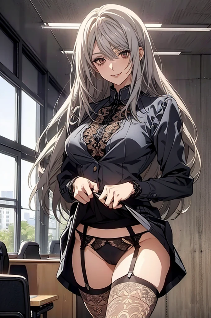 (Highest quality, High resolution, Very detailed), 1 female, Silver Hair, Long Hair, Reddish brown eyes, suit skirt, lace thong, garter belt, secretary, 24th generation, Beautiful woman, mature, quiet, Calm, Large Breasts, A small smile, office,