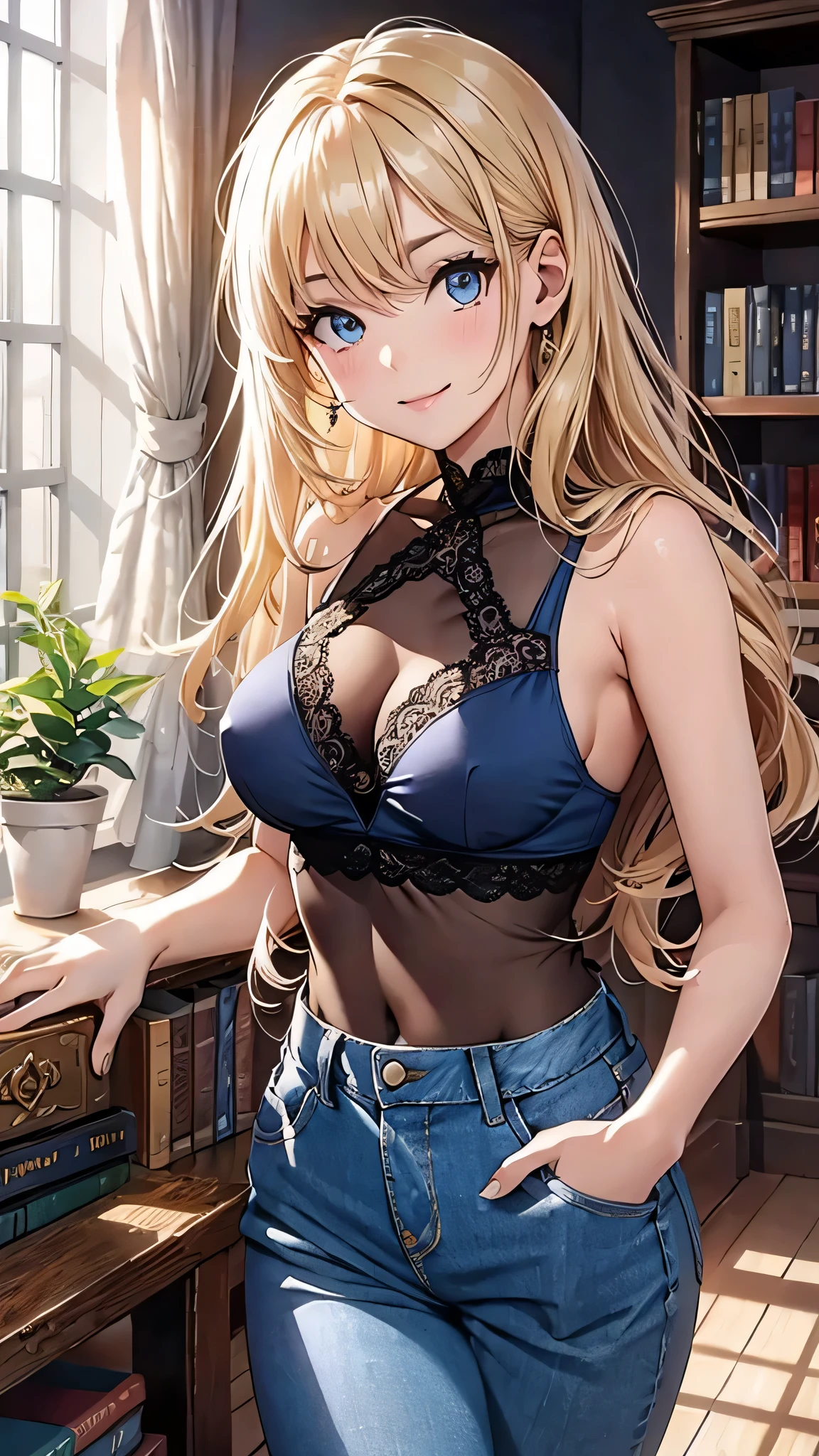 最high quality、Best image quality、masterpiece、With a girl((cute、、Best Bust、Medium Bust、Beautiful Blue Eyes、Spread your chest wide,Blonde、Slender、The best valley、Blue Tank Top、Blue trousers,Show the whole body、Blue Mesh,swim,smile)）high quality、Beautiful art、background((summertime、large room、cooler、Fan、See-through curtains、White bed、A large number of books)),Tabletop、Exquisite design、Visual Arts、Depth of written boundary、Best lighting、Highest detail、8ｋ