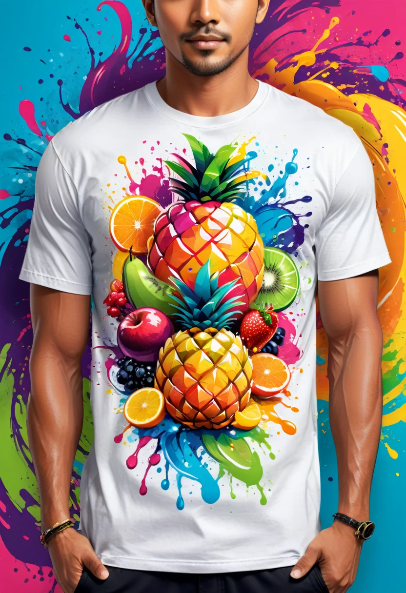 A t-shirt with vector art of a colorful fruit illustration, At the center, swirly vibrant colors, paint splashes and smears, high détail,Hawaii Background (artwork, best quality, proffesional, perfect composition, very aesthetic, absurdrez, super verbose, Intricate details:1.3)