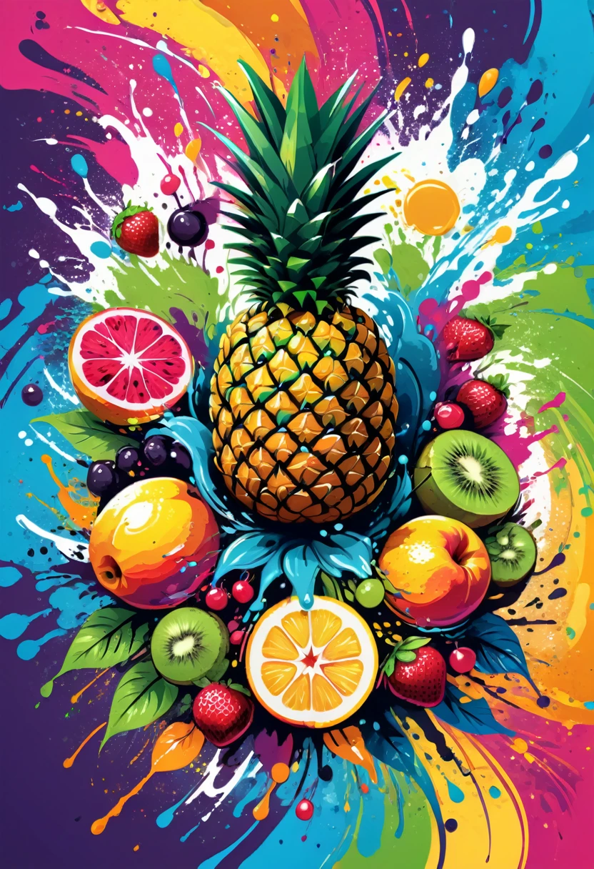 A t-shirt with vector art of a colorful fruit illustration, At the center, swirly vibrant colors, paint splashes and smears, high détail,Hawaii Background (artwork, best quality, proffesional, perfect composition, very aesthetic, absurdrez, super verbose, Intricate details:1.3)