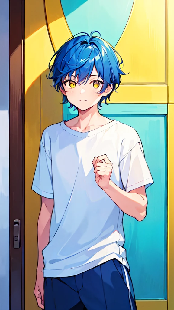 [(SUMMER BACKGROUND:1.5),::5], ((((masterpiece)))), high quality, very_high_resolution, large_filesize, upper body, full color, ((Solo)), (()), 13 old year, men's short deepblue hair, vivid color, ((yellow eye)), Summer clothes white, animestyle, light smile, ((DOOR))