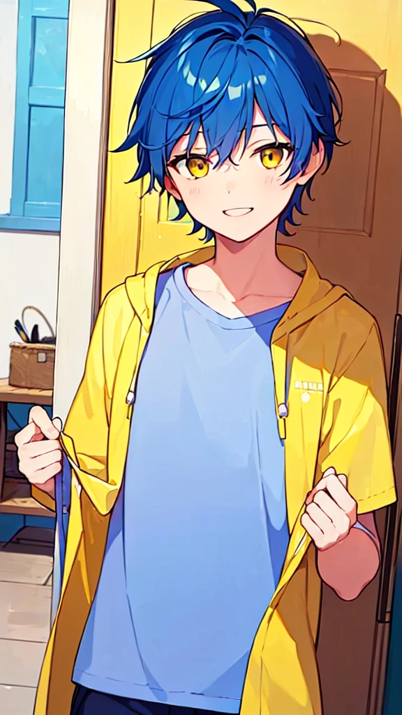[(SUMMER BACKGROUND:1.5),::5], ((((masterpiece)))), high quality, very_high_resolution, large_filesize, upper body, full color, ((Solo)), (()), 13 old year, men's short deepblue hair, vivid color, ((yellow eye)), Summer clothes white, animestyle, light smile, ((DOOR))