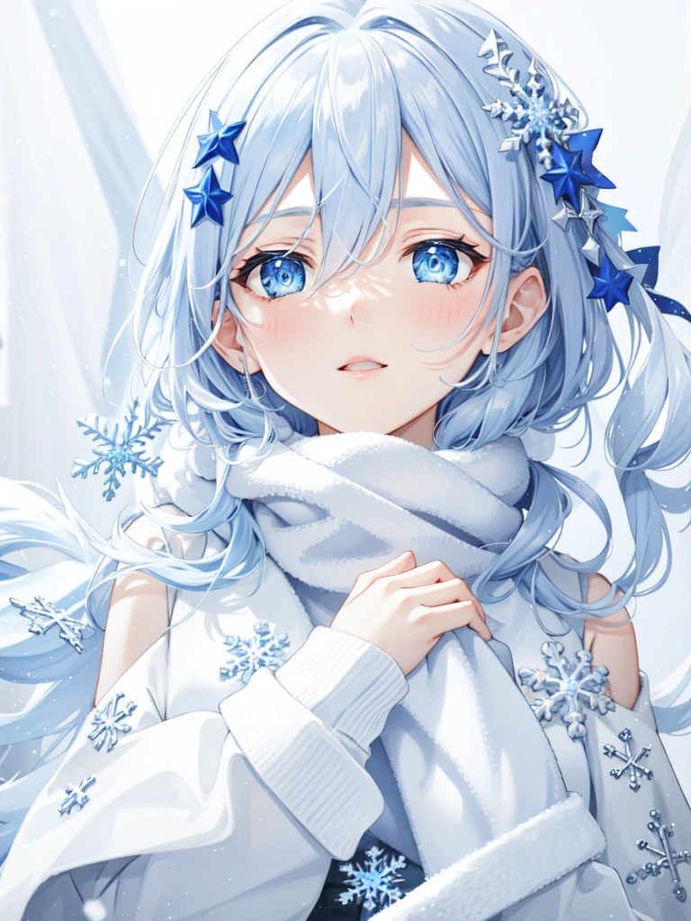 Wintery and icy, with snowflakes and a cold, blue color palette.