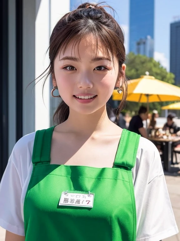 (Ultra-high resolution), (masterpiece), (Attention to detail), (high quality), (最high quality), ((Upper Body Shot)) , One Girl, Generate images of female employees working at outdoor fast food stands。she、Green T-shirt, Khaki Apron, Have, Wearing a name tag、Hot dogs and fries provided。background、wood々, Picnic table, There are colorful signs。