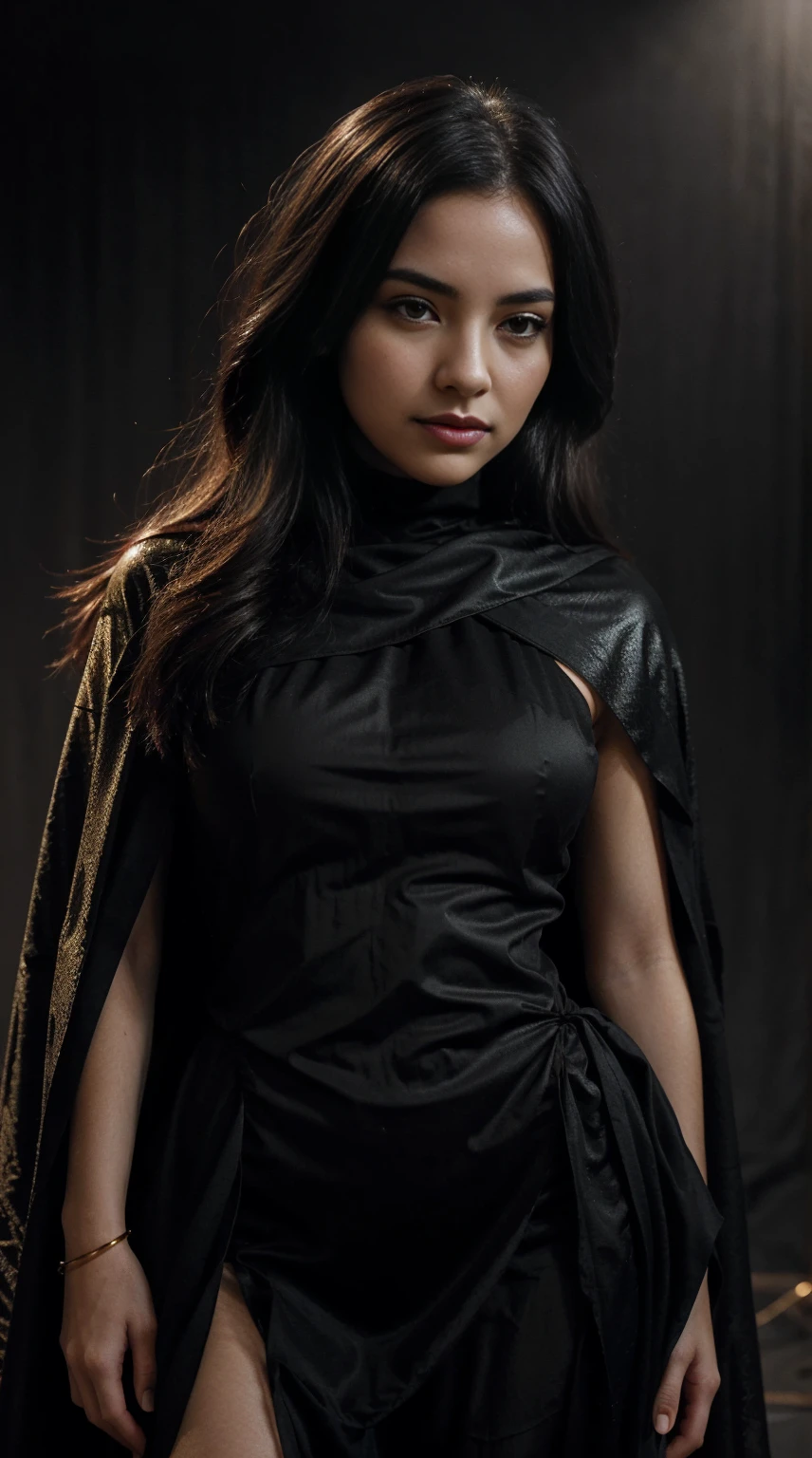 image of a beautiful young lady enveloped in a shroud-like material, appears to be merging with the air around them, high contrast between the dark background and the bright, glowing texture of the material to give a feeling of emergence or transformation, monochrome shades to enhance the mysterious and intense atmosphere - red, black and gold, onyxia, metallic color palette g0s1