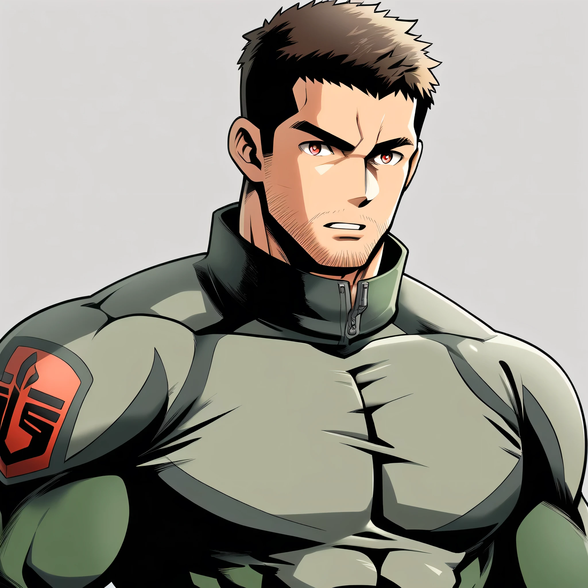 anime characters:Chris Redfield, Muscle Sports Student, Manliness, male focus, Camouflage high collar long sleeve bodysuit, Slightly transparent material, Very tight, Round, full and perky chest muscles, Slightly transparent, muscular male, muscular, only, Upper body, alone, Black short hair, Thick eyebrows, stubble, Brown-red pupils, Grey background, simple background, amazing quality, best aesthetics, Ridiculous, crew cut, parted lips, v-shaped eyebrows, jitome, best quality