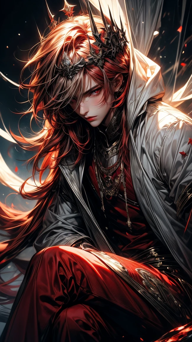 Masterpiece, best quality, high resolution, highly detailed, male, 1 man ( early twenties ), Good looking face,  white mixed with red long flowing hair ( light in the hair), pay attention to the hair full of a mixture of red and white ( red hair with several whit strands), red eyes ( glowing eyes ), serious expression ( cold look ), pale white skin, wearing a grey hoodie, and red pants, black watch, surrounded by the splendors of the earth, wearing a crown made of blood and sitting on a red throne, pay attention to stunning details, and achieve a resolution of 128k, floating in a dynamic pose, high quality, with a majestic aura of authority.