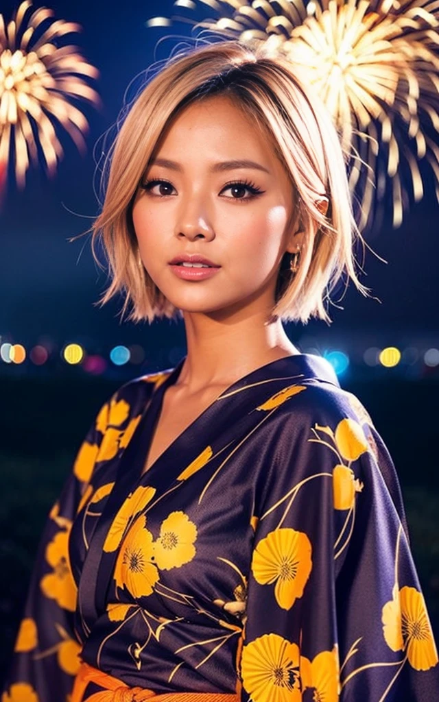 gyaru, dark-skinned, shiny oiled skin, blond hair, short cut hair, wearing vivid yukata, standing, dark-night, deep fog, orange rantan light, Fireworks Festival Venue, Fireworks in the background, cinematic lighting, face close up