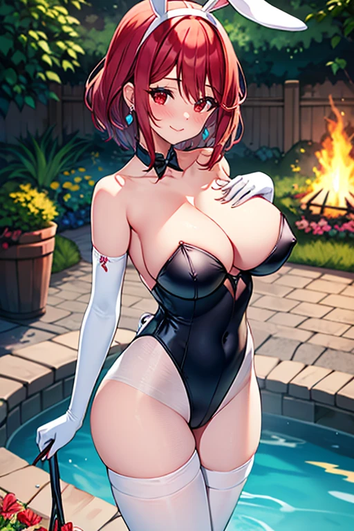 Bonfire, Red eyes ,lipstick, Blue eyeshadow, One girl, alone, Perfect breasts, Earrings glossy lips ,View your viewers, blush, Large Breasts, nature, Pool, wood, garden, long white elbow satin gloves, Holding, Animal ears, Cleavage, Bare shoulders, jewelry, very, A kind smile, pantyhose, Earrings, fake rabbit ears, leotard, fake Animal ears bunny, Long white elbow gloves, White gloves, Cowboy Shot