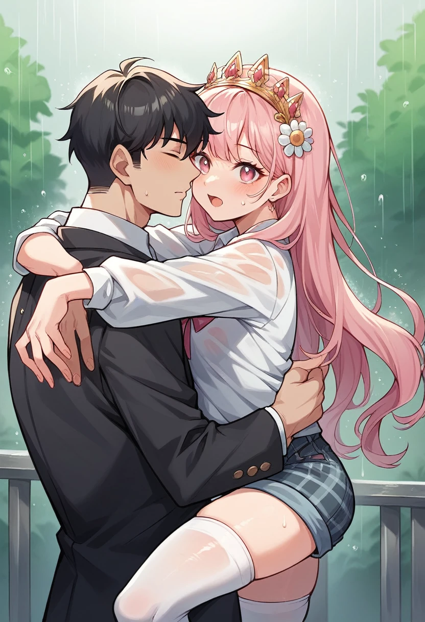 anime girl with long hair in a gradient color from light blue to light pink. and wearing a daisy crown. her face is very cute like a  with pink eyes. she wears a white shirt with a pink ribbon on the top of her shirt and she wears pink plaid shorts and wears white stockings. her face is so sweet, her skin is FFFCD which is buttermilk. she is hugging an anime guy in a black suit while the atmosphere is raining.