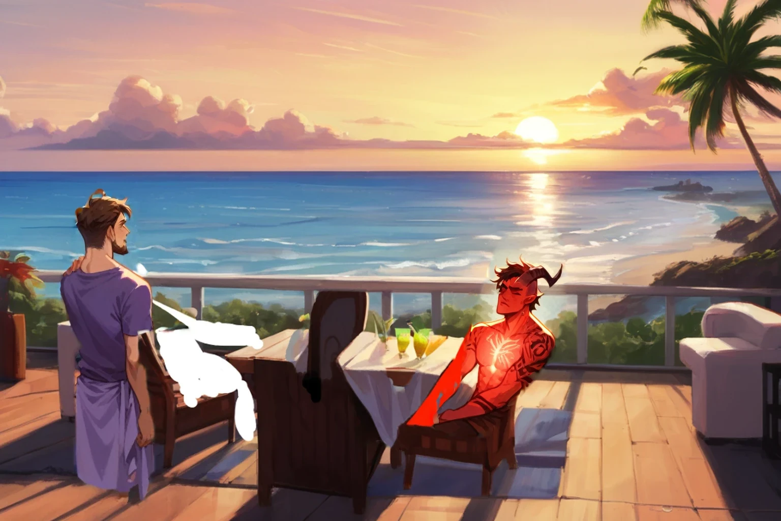 karlach, sitting, red skin, one horn, scars, tattoos, glowing chest
