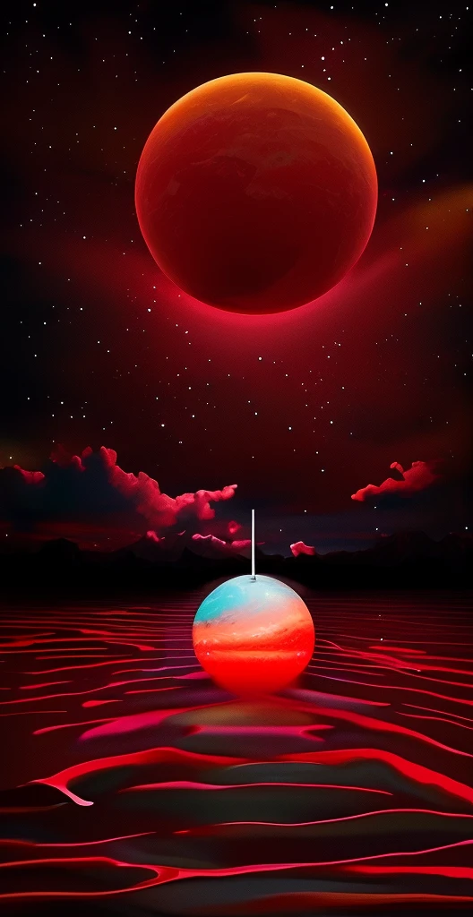 "Obra maestra surrealista. calidad excepcional. detalles sorprendentes. Surreal CG rendering of a dark red moon rising above a tranquil lake surrounded by red clouds, autoiluminado, Large area of clouds and fog in luminous tones, celestial lighting, Cosmic illumination, Experience the fusion of abstract and realistic elements. Colores vibrantes y contrastantes. Mysterious atmosphere. Surrealist technique in the representation of objects and figures. Organic textures and shapes. Dreamlike inspiration. Surprising composition and perspective. Adentrarse en un mundo surrealista lleno de sorpresas y emociones."