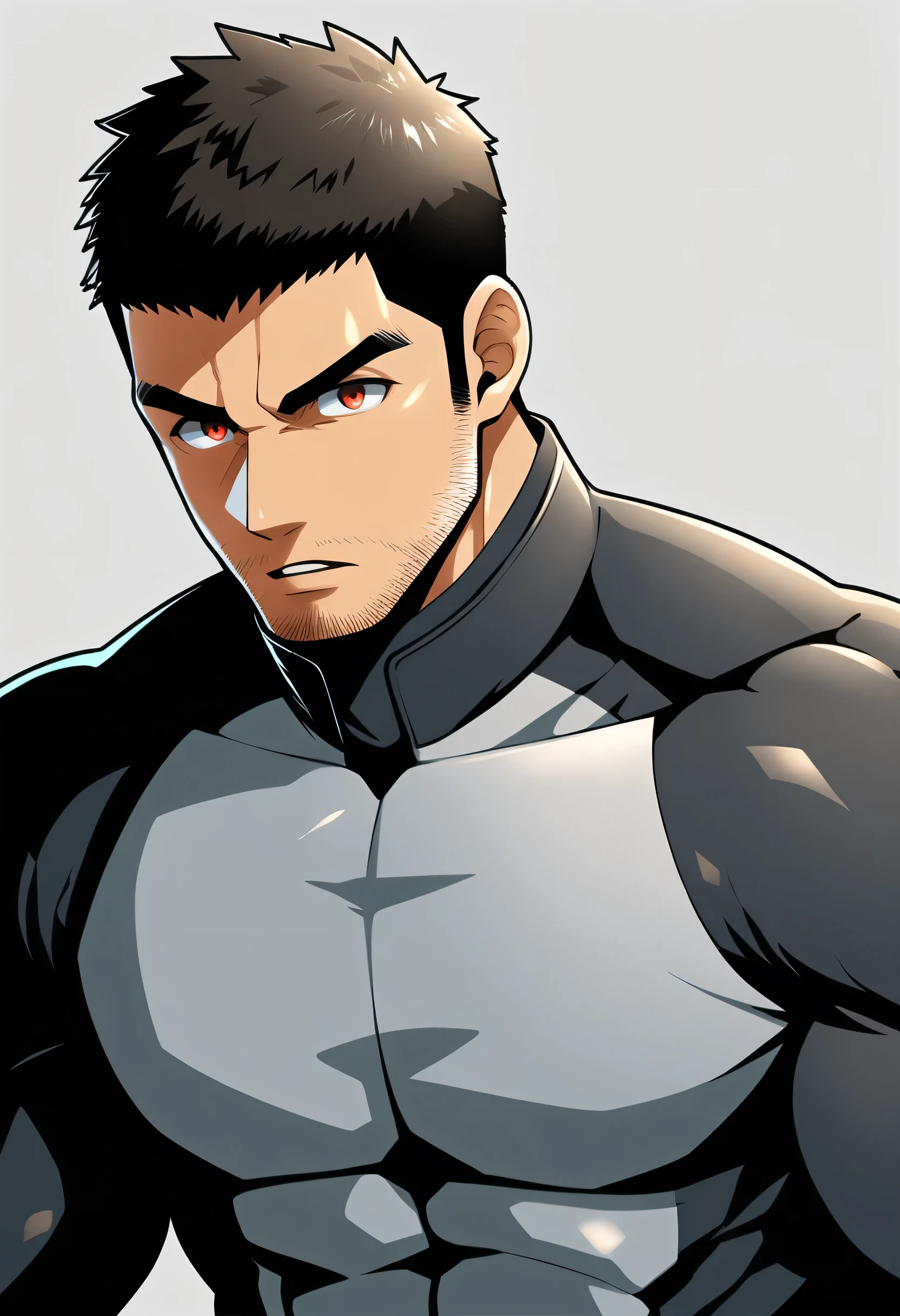 anime characters:Chris Redfield, Muscle Sports Student, Manliness, male focus, Dark Balck high collar long sleeve bodysuit, Slightly transparent material, Very tight, Round, full and perky chest muscles, Slightly transparent, muscular male, muscular, only, Upper body, alone, Black short hair, Thick eyebrows, stubble, Brown-red pupils, Grey background, simple background, amazing quality, best aesthetics, Ridiculous, crew cut, parted lips, v-shaped eyebrows, jitome, best quality