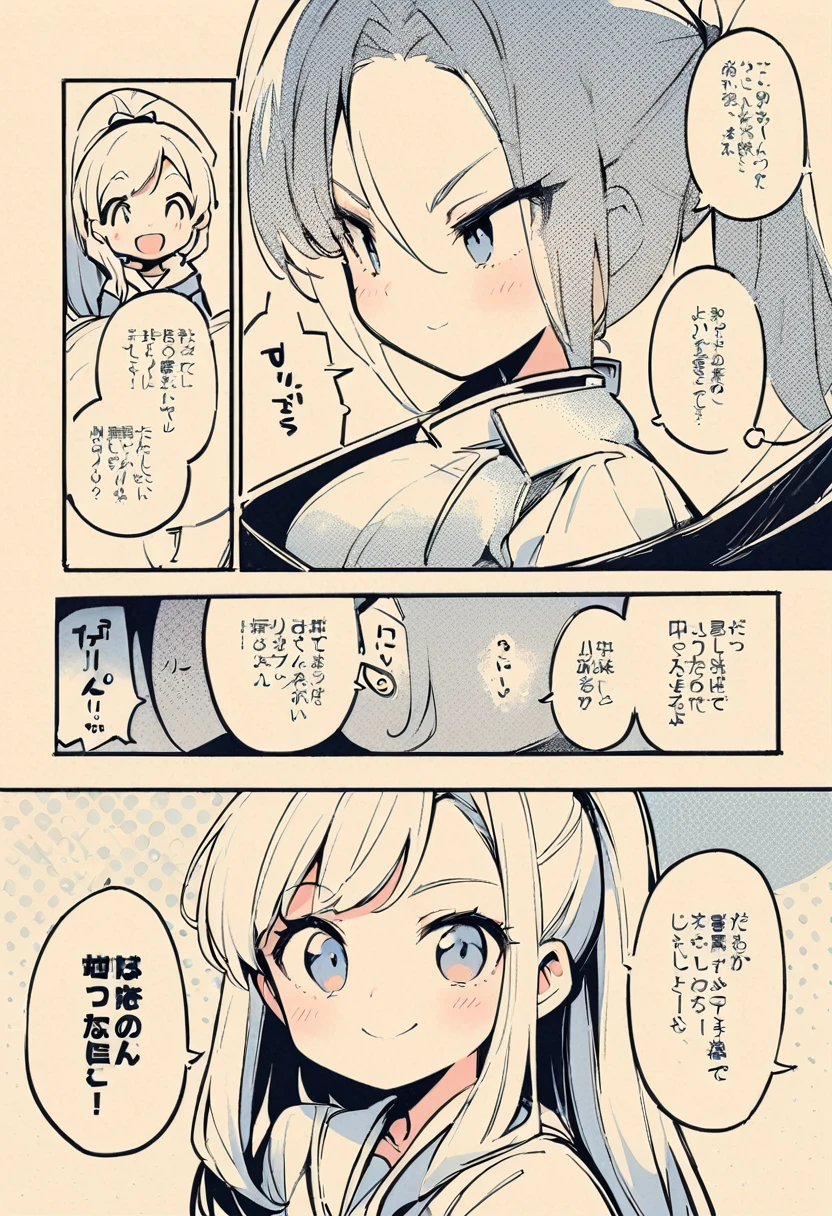 1 female, Long Hair, ponytail, Woman at the front、smile,、no lineart、Big Breastonochrome, halftone、Quite deformed、Gag Manga、Expressive、かわいいsmile、Monochrome、tone、comics、Black and White