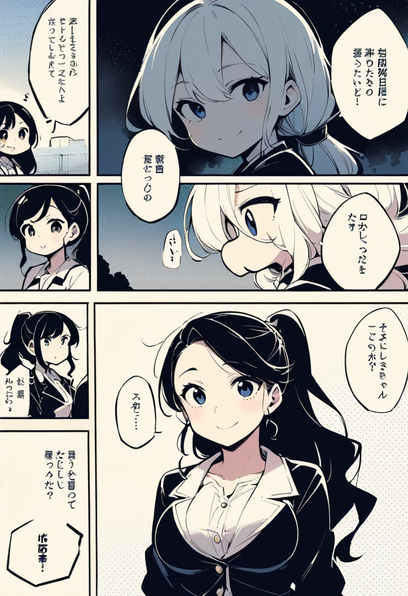 1 female, Long Hair, ponytail, Woman at the front、smile,、no lineart、Big Breastonochrome, halftone、Quite deformed、Gag Manga、Expressive、かわいいsmile、Monochrome、tone、comics、Black and White