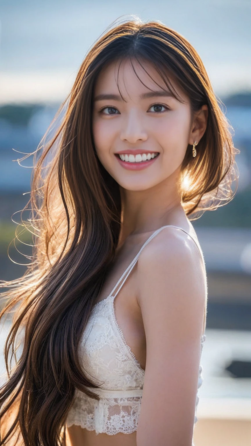 8K, (超Realistic: 1.35), (Realistic: 1.4), 1 Beautiful Korean Girl, smile, One person, light makeup, masterpiece, 超High resolution, High resolution, One person, Sexy Bra, Or a micro bikini、 Puberty, One personの少女, ((Perfect body)), ((Best image quality)), ((Hello)), ((Very delicate and beautiful)), ((Very shallow depth of field)), Hmph, ((Incredibly shallow depth of field. Familiar)), (((Very delicate and beautiful))), (((Very shallow depth of field))), Hmph, (((Unbelievably absurd))), (((Perfect body))), (((Looking into the camera)))), (((Normal size breasts))), (((Serious face))), poor, myself+background, Dynamic Angle, Focus on women, {Particles of light}、 詳細なbackground、((Paul Hedley))、Soft lighting、(dramatic)sunset、sunset、とても美しいsunset、Live Action、Genuine、Top Angle、かわいいsmile、(backgroundぼかし)、18-year-old、thin、((Wind))、((Movement))、((emotion))、((colorful))、((Baby Face))、((Beautiful Teeth))、穏やかな海のbackground。