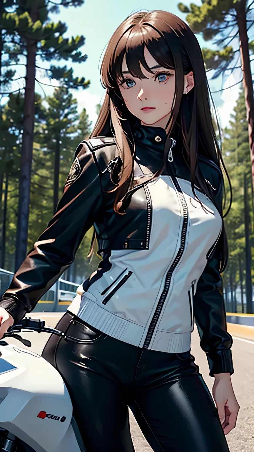 A very white woman with long brown hair, with a fringe and a mole below the right eye, is leaning on a white motorbike in front of a race track, in the middle of the night. The place is surrounded by many pine trees and the sky is full of stars. She wears a leather jacket and pants, and has an oval and youthful face.