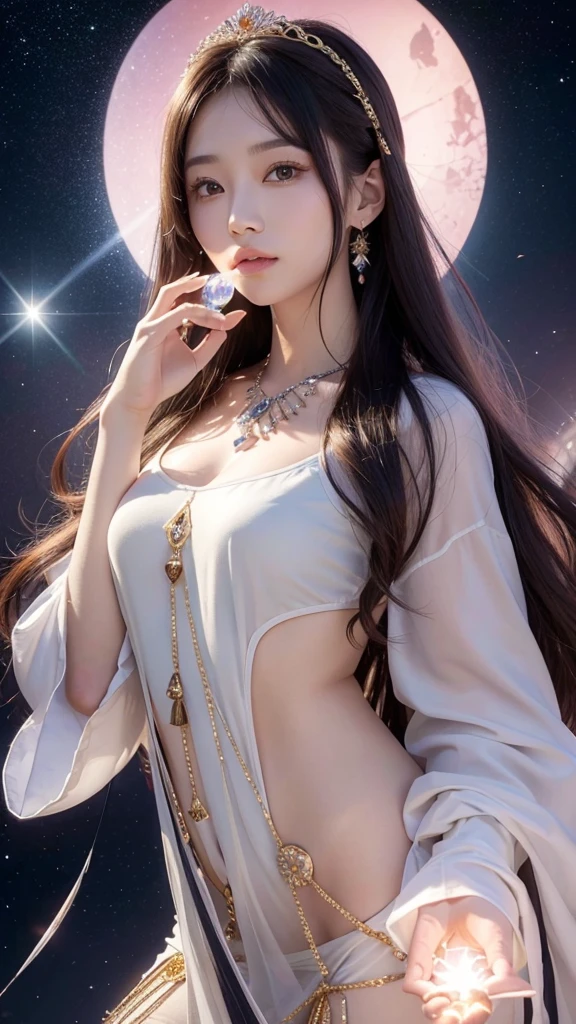 A beautiful and elegant Japanese female fortune teller、Age: 18 to 21 years、Colorful jeweled hair ornaments、Jeweled frame、Hair is brown, almost black、Holding a crystal in his hand、Light emanates from the crystal、Quartz is a crystal、The background and clothes are gold、Summer clothes、In the background there is a circle-shaped interstellar、Front view image、