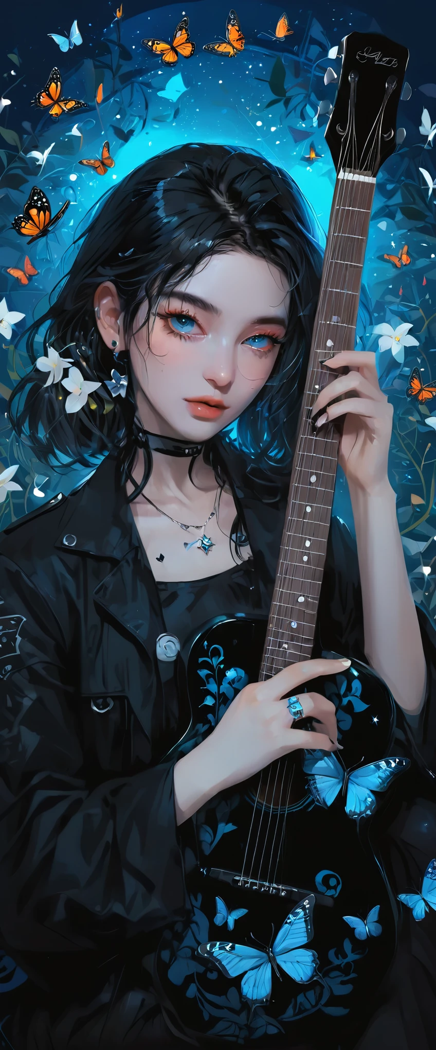 a woman with a guitar in her hand and a background of flowers and butterflies and stars is depicted in this artistic illustration of a woman with a guitar in her hand and a black background of a blue and a blue background,with a,and a,Alice Prin,dark background,cyberpunk art,synchromism,
