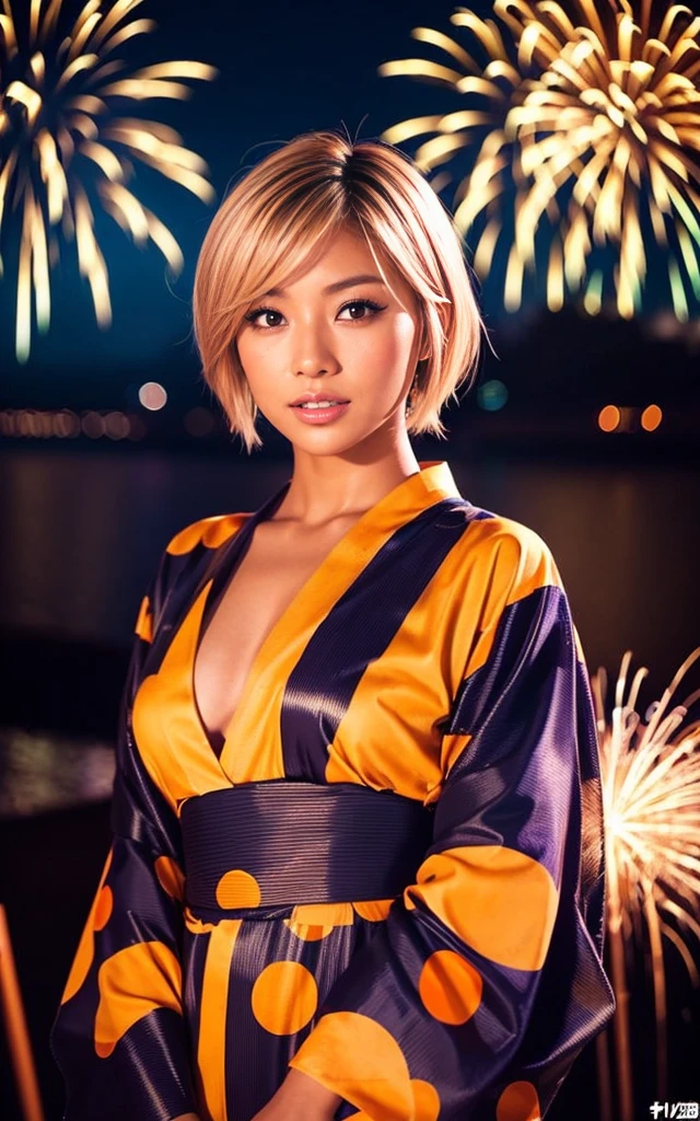 gyaru, dark-skinned, shiny oiled skin, blond hair, short cut hair, wearing vivid yukata, standing, dark-night, deep fog, orange rantan light, Fireworks Festival Venue, Fireworks in the background, cinematic lighting, face close up