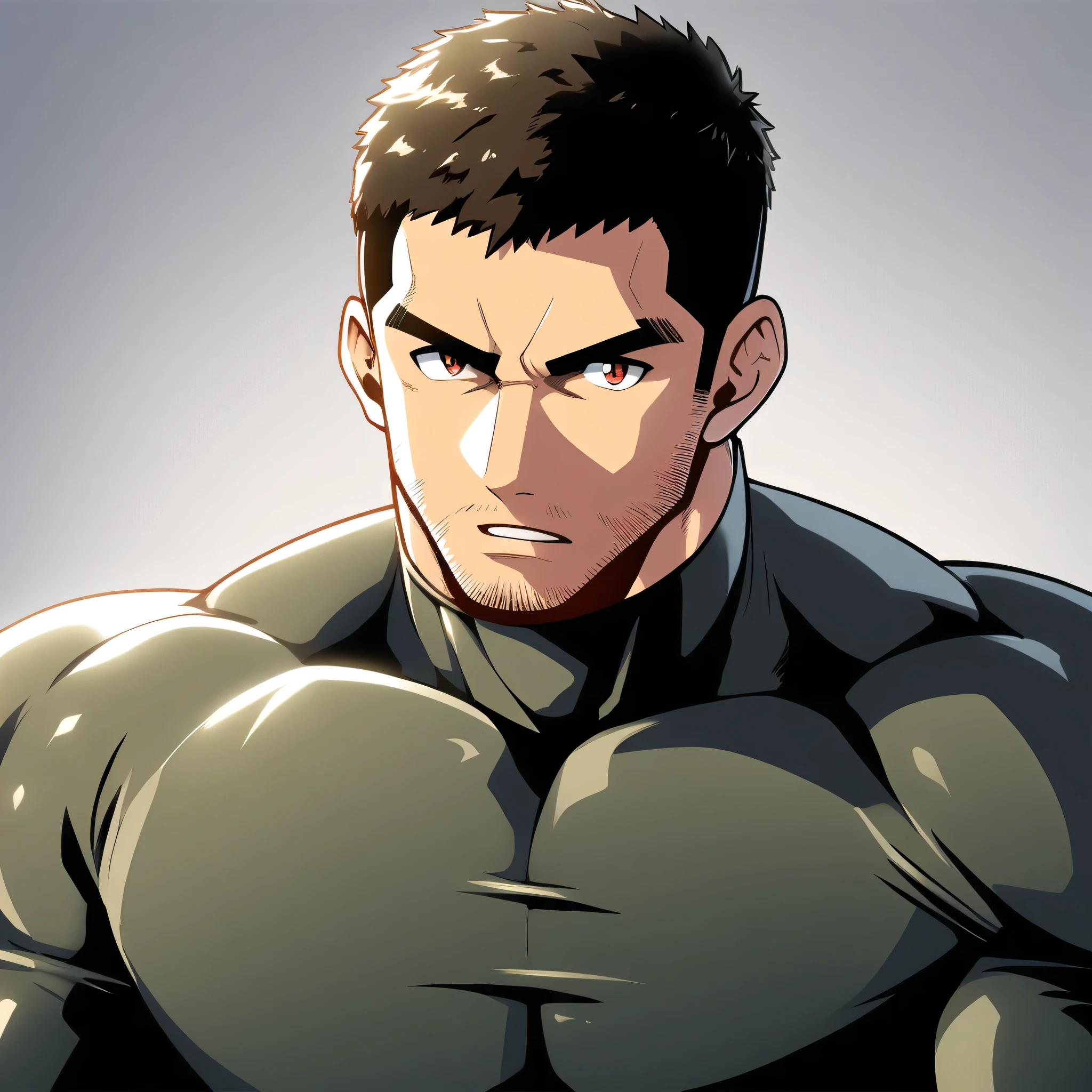 anime characters：Chris Redfield, Muscle Sports Student, Manliness, male focus, Dark black high collar long sleeve tight T-shirt, Slightly transparent material, Very tight, Round, full and perky chest muscles, Slightly transparent, muscular male, muscular, only, Upper body, alone, Black short hair, Thick eyebrows, stubble, Brown-red pupils, Grey background, simple background, amazing quality, best aesthetics, Ridiculous, crew cut, parted lips, v-shaped eyebrows, jitome, best quality