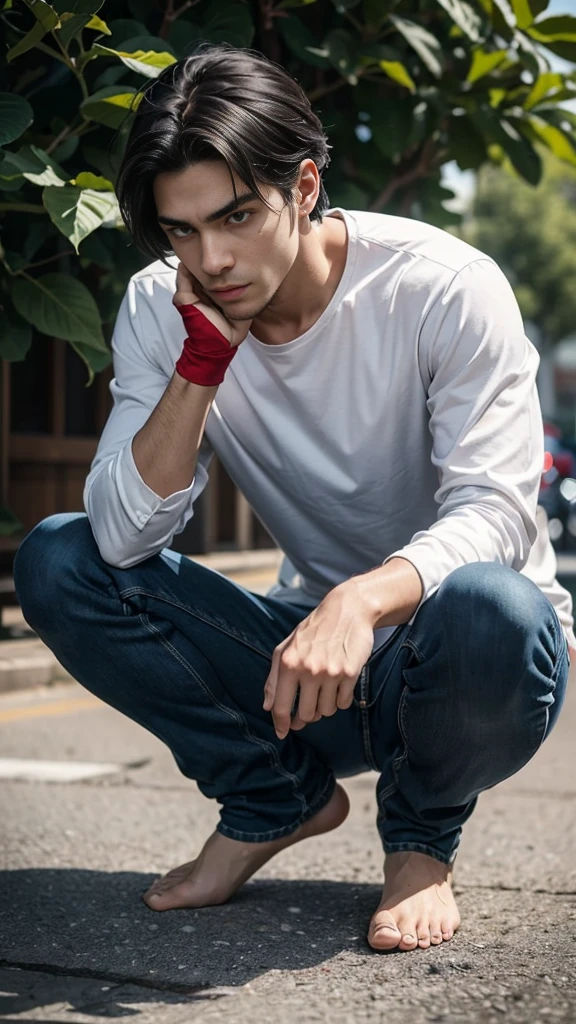 The person is also generated vertically.Background is a little horror.Create a highly detailed image of a mysterious and thoughtful young man in a crouched position. The character should have spiky black hair, large expressive eyes with dark circles, and a pale complexion. He is dressed in a loose-fitting white long-sleeve shirt and dark blue jeans. His pose is distinctive, with one hand near his mouth and the other resting on the ground for balance, and he is barefoot.