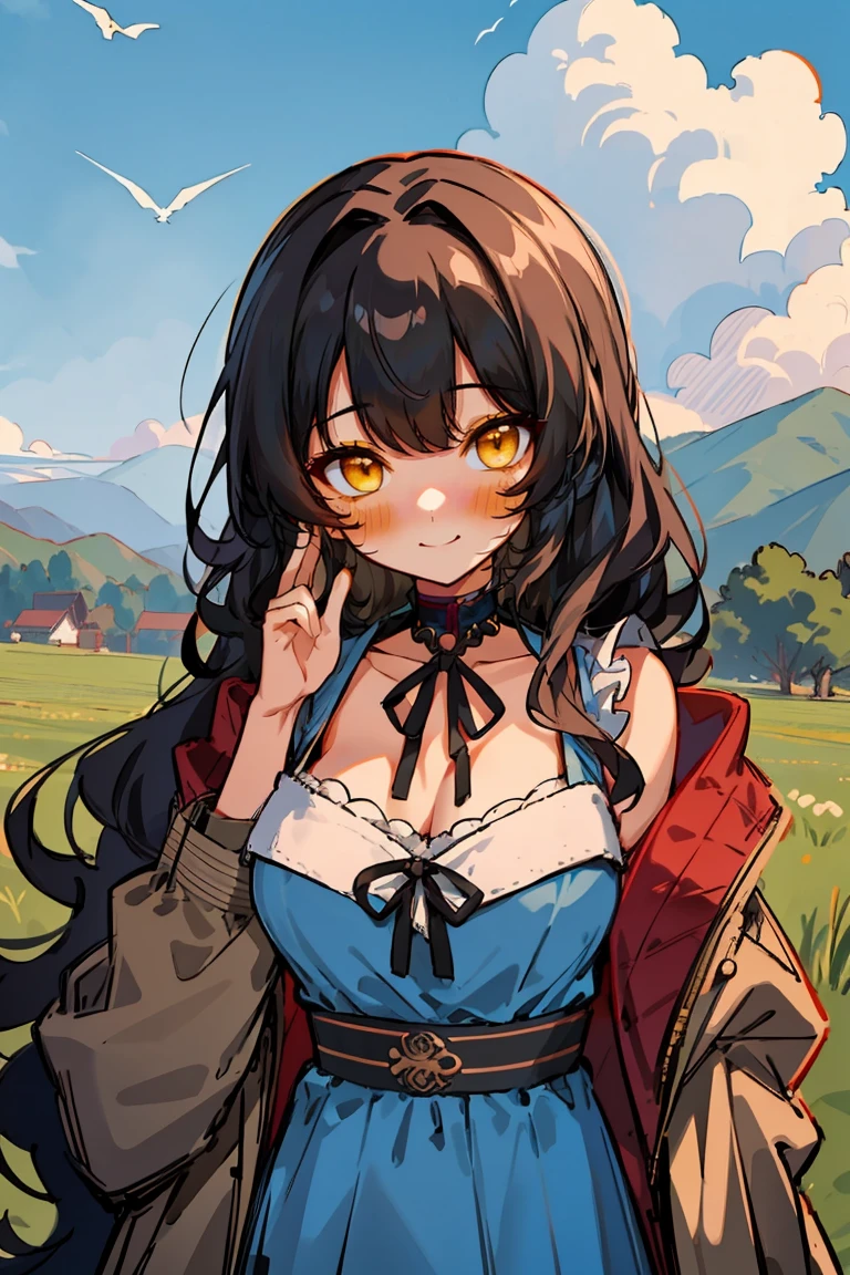 (masterpiece:1.2), (high quality:1.2), (hui xiyi:0.7), rekkyo sensen, rekkyou sensen, girls with((1girl, solo, black hair, yellow eyes, (wavy long hair, one side up:1.3), blush, breasts, choker, cleavage, coat, cowboy shot, blue lace dress, black ribbon belt, red bow, red ribbon, neck ribbon, fur, khaki jacket, hood down, hooded coat, hooded jacket, hoodie, jacket, large breasts, long hair, long sleeves, medium breasts, open clothes, open coat,open hoodie, sleeveless, winter clothes, zipper, cleavage, upper body, hand up, waving, palm)), background with((architecture, blue sky, bush, castle, village, no humans, cloud, cloudy sky, day, field, garden, grass, hill, house, lamppost, landscape, mountain, mountainous horizon, nature, no humans, outdoors, scenery, shrine, sky))