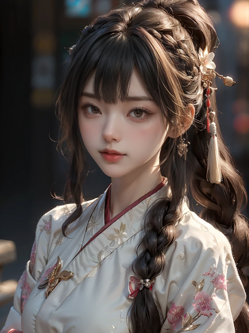 close up on face, Ultra-fine face,femele, China-style, Ancient wind,Hanfu, Sit Pose, long whitr hair, Delicate clothing patterns, ellegance, opulent, ellegance, ssmile,Skysky, Ribbons,Sense of brokenness, ruri, Buble, Double up braid, Hairline, slanted bangs, shairband, hair adornments,glitters, cinmatic lighting, hyper HD, A high resolution, best qualtiy, 8K, high detal, high qulity, super detailing, anatomy correct, tmasterpiece, ccurate,plump,landscape painting,screen