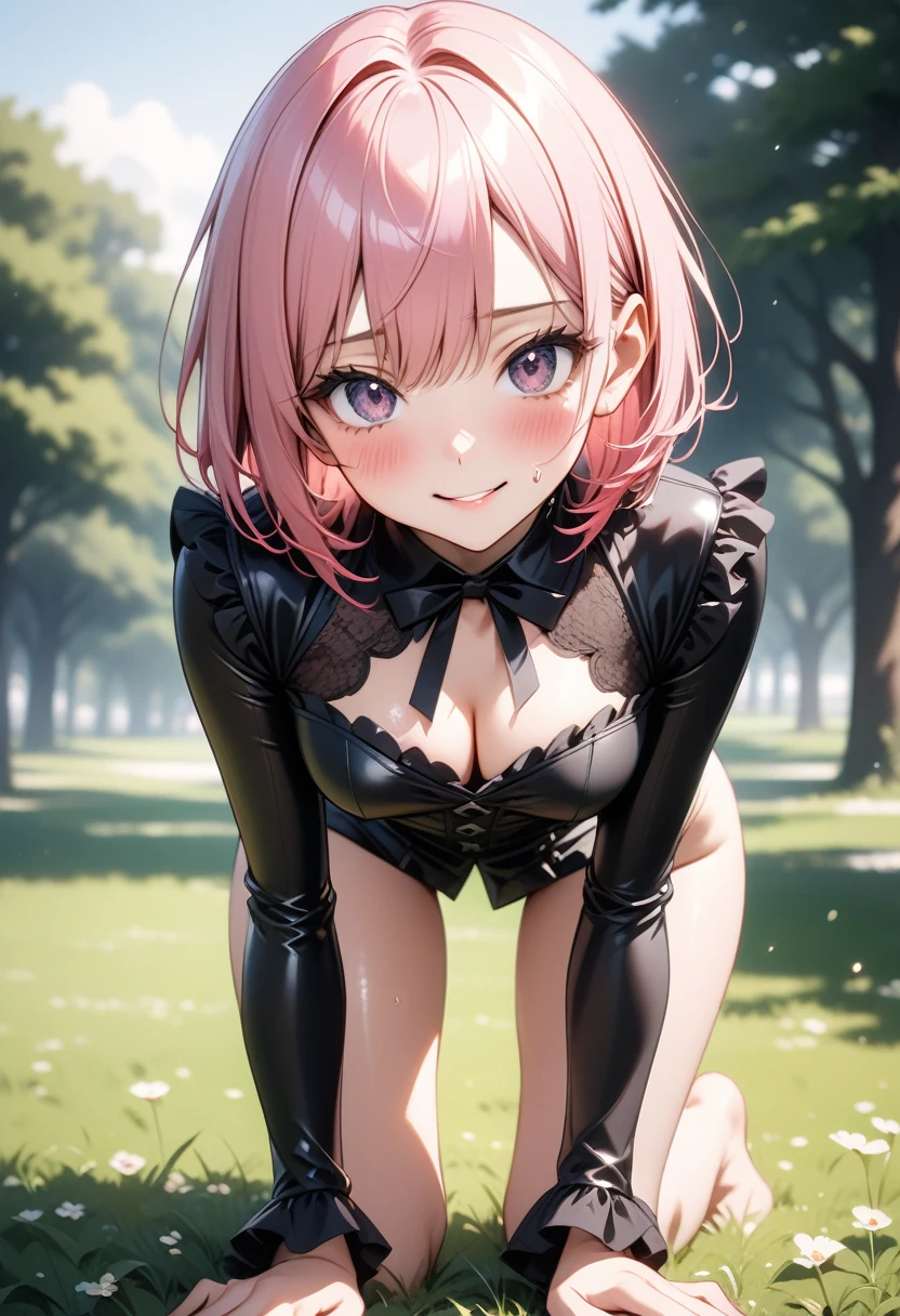 ((gothic lolita costume)), ((The costume is pure white)), ((The costume is very shiny)),  skinny, solo, 1 woman, Masterpiece, highest quality, highest quality, 16K, incredibly absurd, highly detailed, 2.5D, ai-generated, delicate and dynamic, very delicate facial expressions, delicate eye depiction, erotic, only sexy woman, ((A cute and kind face)), healthy figure, 25-year-old woman, 160cm tall, medium firm swaying bust, (short hair), (pink hair:1.5), bob cut, black eye, blush, Sweat,Embarrassed,sexy, ((thin thighs)), (camel toe:0.8), (Erect nipples:0.7), ((shiny and lustrous)), facing straight at viewer, smile, (standing), cowboy shot, (on all fours), Large park, daytime, bright, on the grass,