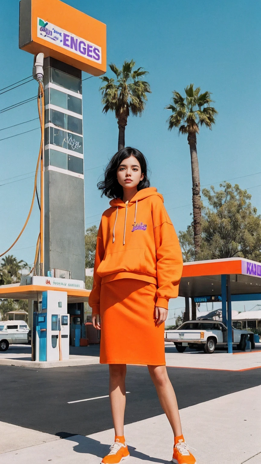 photo cinematic photograph long shot portraits by Wes Anderson, cute 23 yo girl ,fokus, bokeh ,wear ((orange color oversized_hoodie)), wear ((purple tennis skirt)),looking front,Best Quality,Masterpiece,Ultra High Resolution,(Realisticity:1.4),Original Photo, 1Girl, light leak,ultra high resolution,UHD,beautiful, (black bob hair), almond eye, no makeup, in front of ((80's los angles gas station)), (realistic:1.2), (surreal:1.3), (very detailed:1.1), ((masterpiece)),summer, blue sky, palm trees,sunny, los angles vibes,film camera, 800mm lens,style of Philip Lorca diCorcia