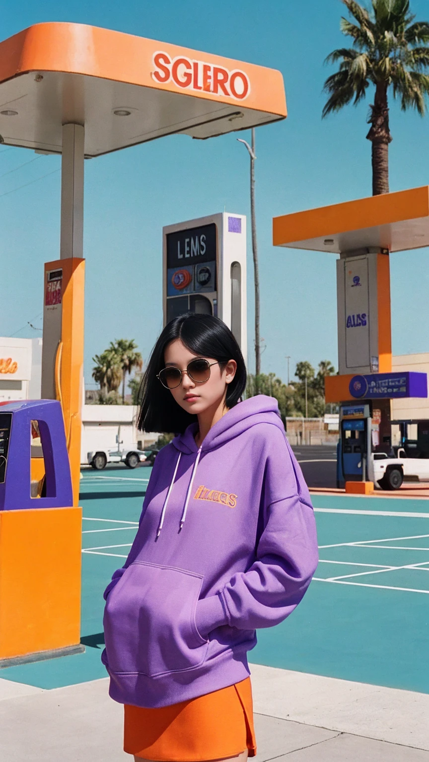 photo cinematic photograph long shot portraits by Wes Anderson, cute 23 yo girl ,fokus, bokeh ,wear ((orange color oversized_hoodie)), wear ((purple tennis skirt)),looking front,Best Quality,Masterpiece,Ultra High Resolution,(Realisticity:1.4),Original Photo, 1Girl, light leak,ultra high resolution,UHD,beautiful, (black bob hair), almond eye, no makeup, in front of ((80's los angles gas station)), (realistic:1.2), (surreal:1.3), (very detailed:1.1), ((masterpiece)),summer, blue sky, palm trees,sunny, los angles vibes,film camera, 800mm lens,style of Philip Lorca diCorcia