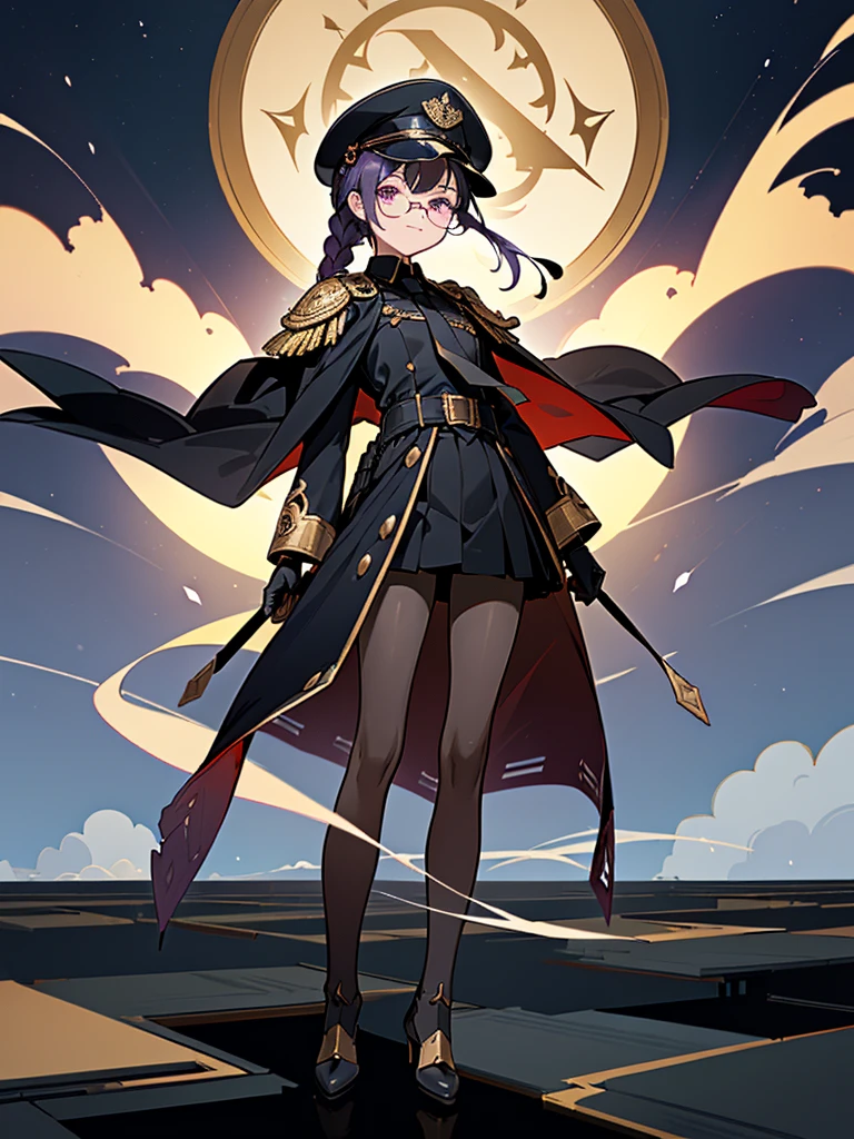 realisitic, City Deserted, Pile of rubble, Brick building, a one woman (18 years old, far away blackw hair, far away slits, Eyes red, glare eyes, 精致的面容, standing (In floor, feet shoulder-width apart), Lolita style military uniform (blackw base, blue Insert, golden decoration, volantes, wide sleeves, dainty and delicate detailing armors), blackw far away gloves (blackw, blue Insert, golden decoration, small hands, armors), blackw far away gloves, knee high boots (blackw, high-heels, red soles), ha (blackw, aba dourada, shield emblem, delicate details), arms in front, Front of belly, Holding military swords with both hands (blackw, golden decoration, delicate detail, Handle at the top, Ground-facing blade, in front of the body, far away), night sky (blackw, stele, Increased flames and smoke) Pale painting style, One Girl, super high quality, Super Detail, Super Detailed image, long hair, looking at viewer, skirt, shirt, hair ornament, violet eyes, gloves, round glasses, long sleeves, hat, closed mouth, jacket, violet hair, braid, open clothes, necktie, black gloves, black skirt, uniform, single braid, open jacket, black jacket, black headwear, 手链, peaked cap, black necktie, cropped jacket, military hat, pantyhose, Flat Chest, smile, Black Cape