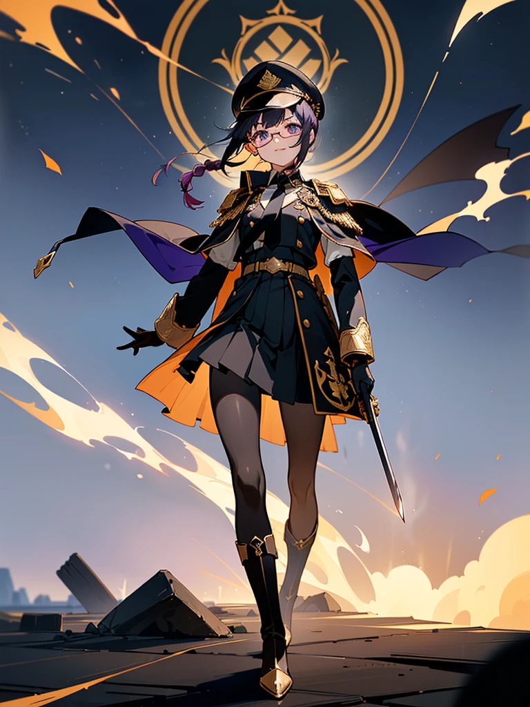 realisitic, City Deserted, Pile of rubble, Brick building, a one woman (18 years old, far away blackw hair, far away slits, Eyes red, glare eyes, 精致的面容, standing (In floor, feet shoulder-width apart), Lolita style military uniform (blackw base, blue Insert, golden decoration, volantes, wide sleeves, dainty and delicate detailing armors), blackw far away gloves (blackw, blue Insert, golden decoration, small hands, armors), blackw far away gloves, knee high boots (blackw, high-heels, red soles), ha (blackw, aba dourada, shield emblem, delicate details), arms in front, Front of belly, Holding military swords with both hands (blackw, golden decoration, delicate detail, Handle at the top, Ground-facing blade, in front of the body, far away), night sky (blackw, stele, Increased flames and smoke) Pale painting style, One Girl, super high quality, Super Detail, Super Detailed image, long hair, looking at viewer, skirt, shirt, hair ornament, violet eyes, gloves, round glasses, long sleeves, hat, closed mouth, jacket, violet hair, braid, open clothes, necktie, black gloves, black skirt, uniform, single braid, open jacket, black jacket, black headwear, 手链, peaked cap, black necktie, cropped jacket, military hat, pantyhose, Flat Chest, smile, Black Cape