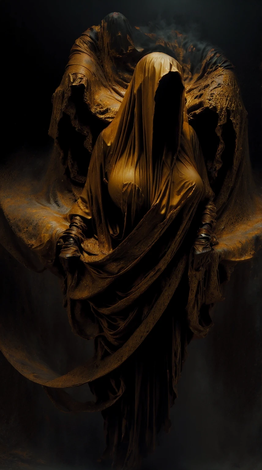 image of a very beautiful lady enveloped in a shroud-like material, appears to be merging with the air around them, high contrast between the dark background and the bright, glowing texture of the material to give a feeling of emergence or transformation, monochrome shades to enhance the mysterious and intense atmosphere - red, black and gold, onyxia, metallic color palette g0s1