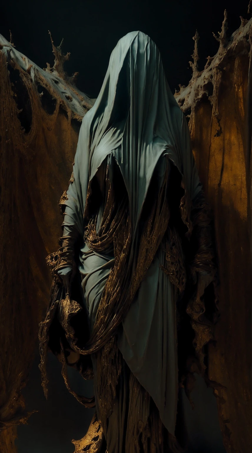 image of a very beautiful lady enveloped in a shroud-like material, appears to be merging with the air around them, high contrast between the dark background and the bright, glowing texture of the material to give a feeling of emergence or transformation, monochrome shades to enhance the mysterious and intense atmosphere - red, black and gold, onyxia, metallic color palette g0s1