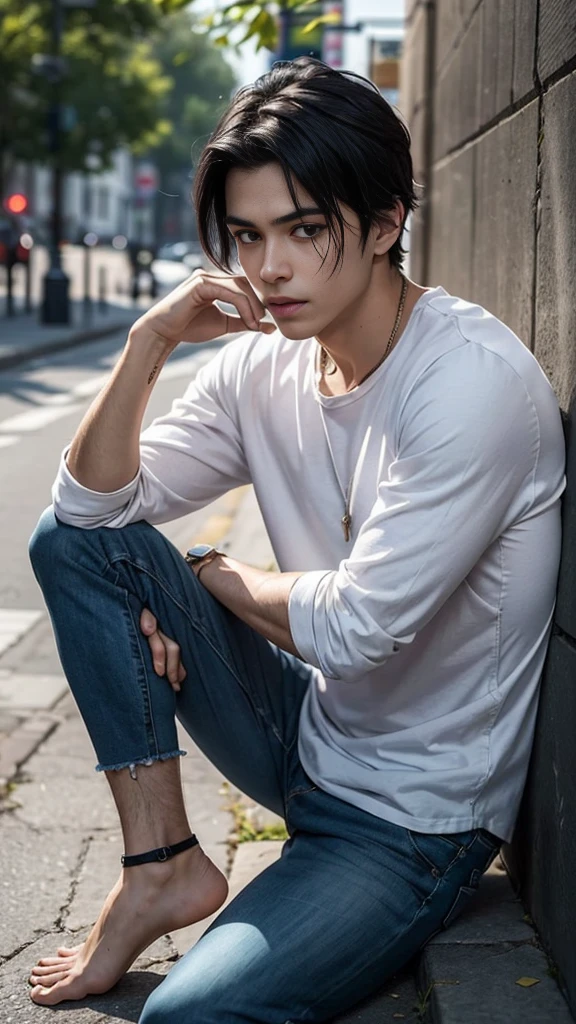 The person is also generated vertically.Background is a little horror.Create a highly detailed image of a mysterious and thoughtful young man in a crouched position. The character should have spiky black hair, large expressive eyes with dark circles, and a pale complexion. He is dressed in a loose-fitting white long-sleeve shirt and dark blue jeans. His pose is distinctive, with one hand near his mouth and the other resting on the ground for balance, and he is barefoot.