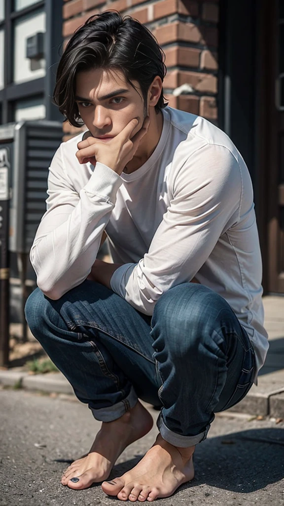 The person is also generated vertically.Background is a little horror.Create a highly detailed image of a mysterious and thoughtful young man in a crouched position. The character should have spiky black hair, large expressive eyes with dark circles, and a pale complexion. He is dressed in a loose-fitting white long-sleeve shirt and dark blue jeans. His pose is distinctive, with one hand near his mouth and the other resting on the ground for balance, and he is barefoot.