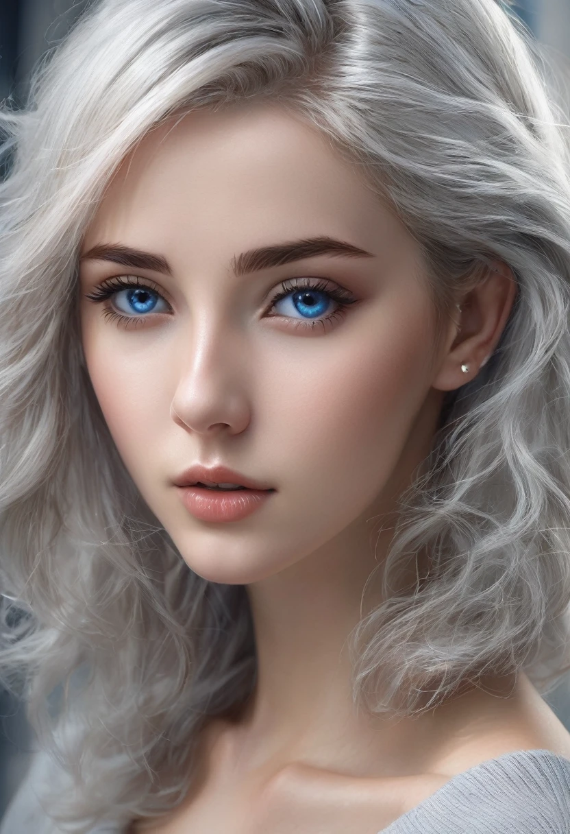 White hair, White hair, glowing hair, Detailed hair, Messy hair, Blue Eyes, beautidful eyes, extremely detailed eyes and face, Beautiful detailed eyes, Ultra-detailed, light on the face, Fair skin, a 18 year old girl, (((Ultra-sharp resolution))),(((Top Quority))),Wonderful Girl,Ear studs,Clear eyes,Ordinary face,Gloss on the lips,perfect faces,White skin,perfect breasts,voluptuous breasts,shapely legs,Pantyhose,Grey Office Mini Skirt,high-heel,(((Street))), zoomout, Realistic hands, Fingers in detail, photorealistic