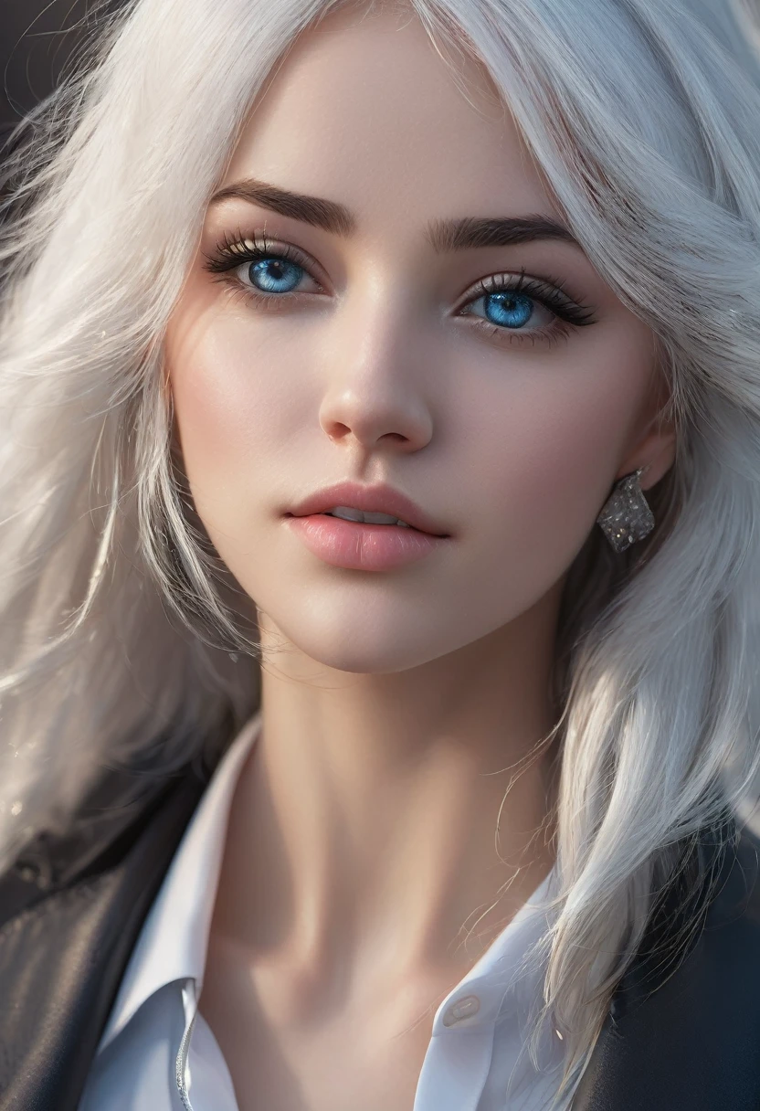 White hair, White hair, glowing hair, Detailed hair, Messy hair, Blue Eyes, beautidful eyes, extremely detailed eyes and face, Beautiful detailed eyes, Ultra-detailed, light on the face, Fair skin, a 18 year old girl, (((Ultra-sharp resolution))),(((Top Quority))),Wonderful Girl,Ear studs,Clear eyes,Ordinary face,Gloss on the lips,perfect faces,White skin,perfect breasts,voluptuous breasts,shapely legs,Pantyhose,Grey Office Mini Skirt,high-heel,(((Street))), zoomout, Realistic hands, Fingers in detail, photorealistic