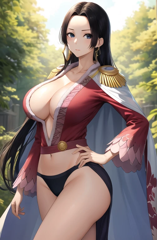 masterpiece, Highest quality, High resolution, 4K、8K、Hancock 1, One Girl, Boa Hancock, Large Breasts, Long Hair, Epaulettes, Cape, Side slits, Cowboy Shot, Are standing, View your audience, Sexy pose, , Place your hands on your hips, Perfect Fingers,(((stand with feet apart)))、((Shiny underwear)))、Beautiful beauty、Long black hair、((whole body))、 I can see the print on her chest,good、Big Breasts, Inserted into the breast using a thin thread, Huge breasts, Large Breasts, Huge , Huge breasts, Ridiculous, Large Breasts, Large Breasts, Huge , Huge bust, Ridiculous 大きなおっぱい、Huge bust、your breasts will grow、おっぱいにgoodが食い込んでる、レースのgood、to be born 、Underwear only、Hair is semi-long