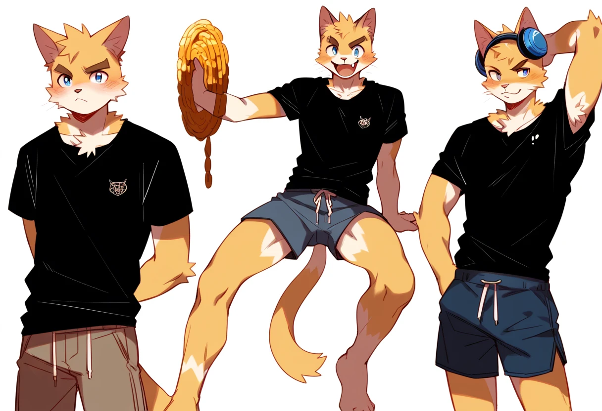 score_9, score_8_up, score_7_up, male, furry, high quality, hires, anthro, teenager, 16 years old, domestic cat, bright yellow fur, blue eyes, wide brown eyebrows, an excited expression, humanoid feet, slim body, prominent v-line, prominent abs, prominent legs, prominent forearm, prominent knees, white background, treasure trail, armpit hair, furry legs, headphones, shorts, black shirt, showing off, in various sexy poses