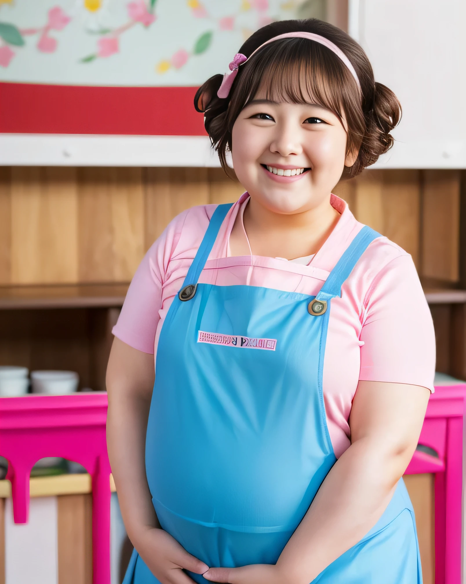 ((8K)), highest quality, 超High resolution, (High resolution), 1 female, Japanese, (Kindergarten teacher, Pink Apron), Overweight, Extremely fat, ((Chubby)), ((Chuckle-Smile)), (Kids Room:1.2)