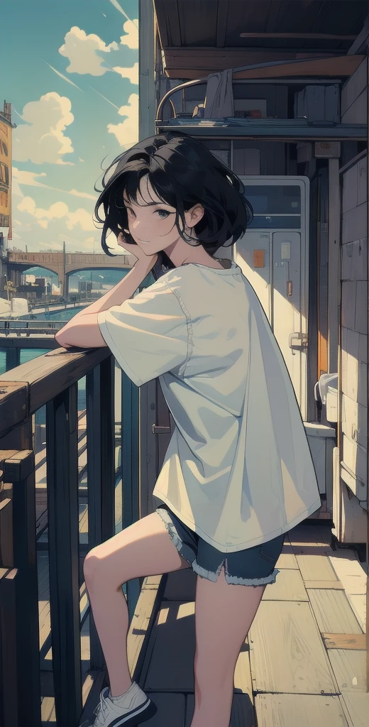 1girl, solo, long hair, looking at viewer, shirt, black hair, sitting, shoes, sleeveless, pants, medium hair, black eyes, black shirt, sleeveless shirt, ground vehicle, yellow pants, orange pants, washing machine
