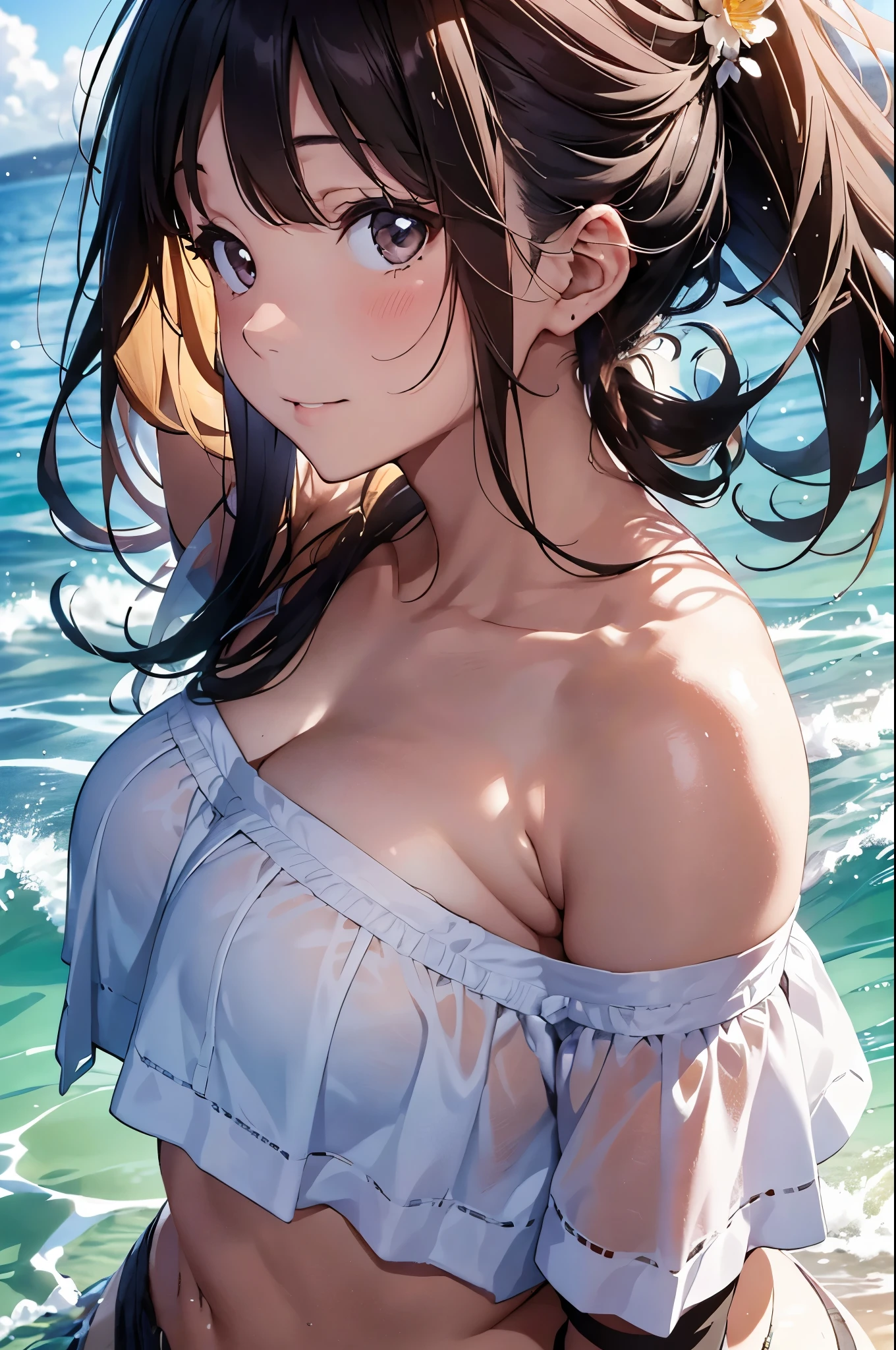 A beautiful anime girl with long flowing hair, standing on a beach in the evening, wearing a skimpy wet bikini that clings to her voluptuous figure, her skin glistening with sweat, in a dynamic anime art style, highly realistic, masterfully detailed, 8K, photo-realistic, cinematic lighting, vibrant colors, dramatic atmosphere