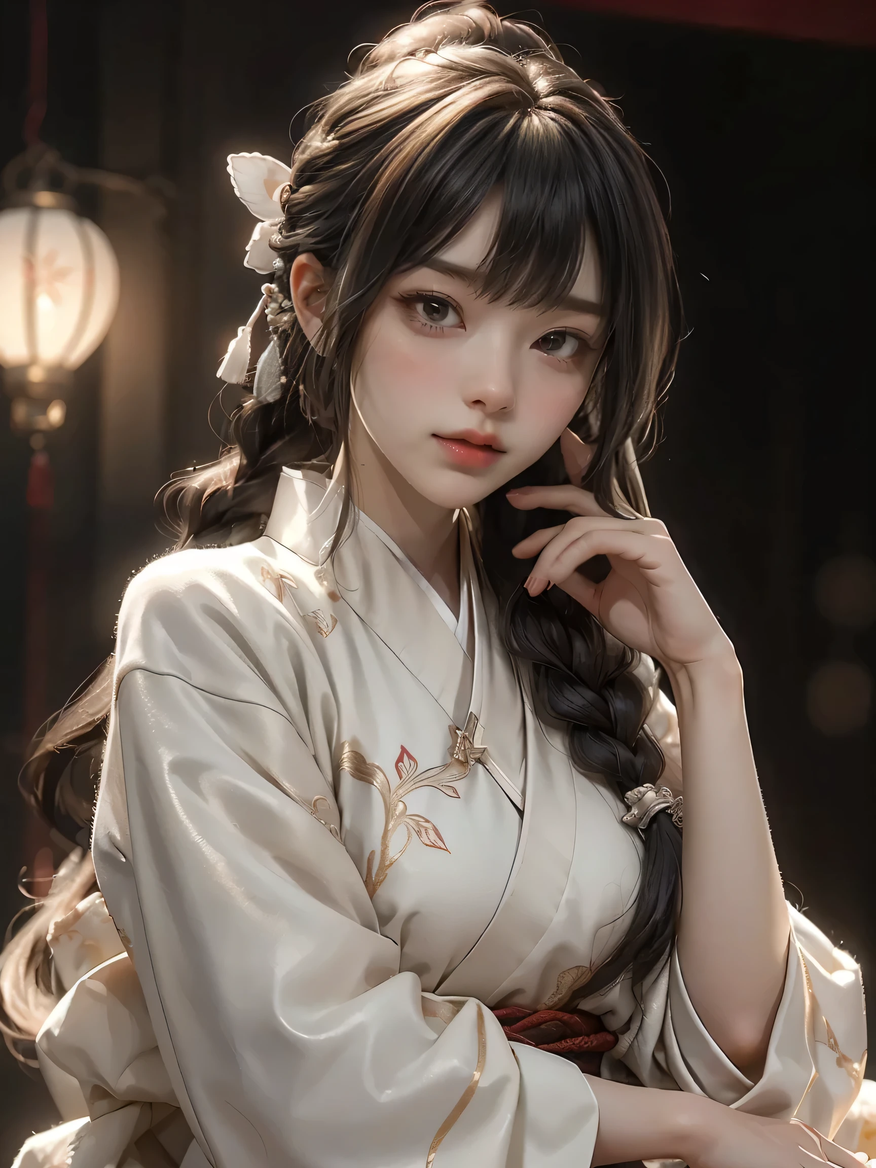 close up on face, Ultra-fine face,femele, China-style, Ancient wind,Hanfu, Sit Pose, long whitr hair, Delicate clothing patterns, ellegance, opulent, ellegance, ssmile,Skysky, Ribbons,Sense of brokenness, ruri, Buble, Double up braid, Hairline, slanted bangs, shairband, hair adornments,glitters, cinmatic lighting, hyper HD, A high resolution, best qualtiy, 8K, high detal, high qulity, super detailing, anatomy correct, tmasterpiece, ccurate,plump,landscape painting,screen